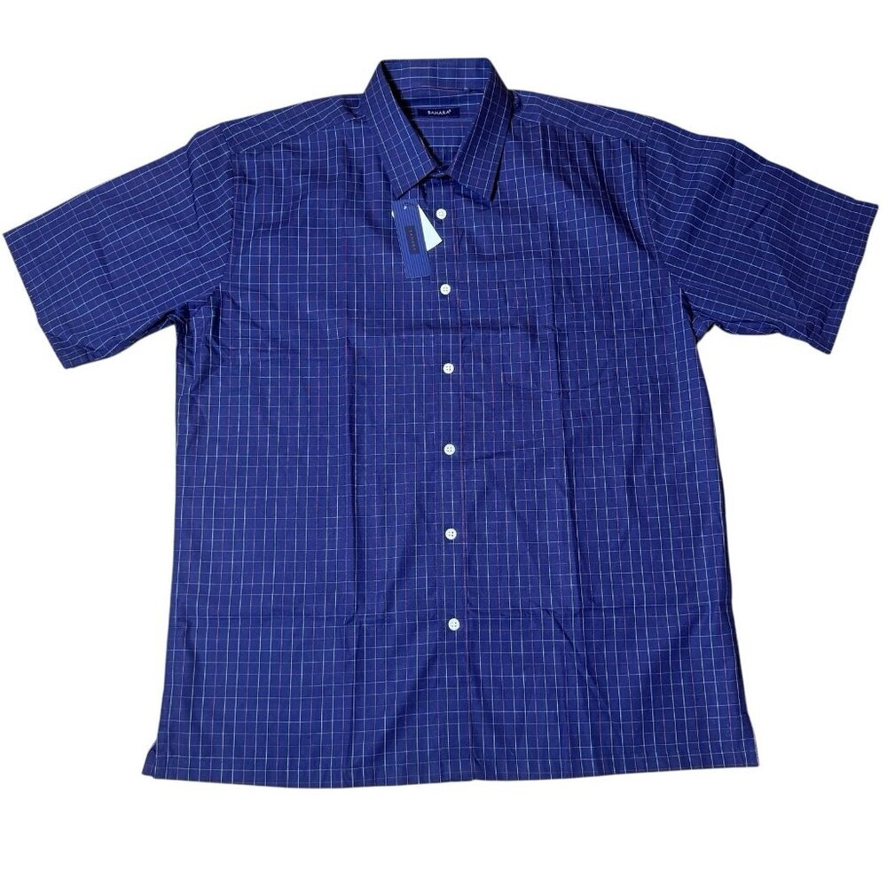 New Men's Sahara Casual Short Sleeve Shirt Navy Blue Checkered Size XL - Picture 2 of 7